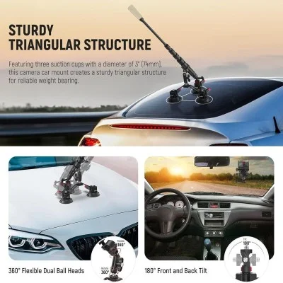 Neewer car mount for camera 3 in 1  suction cups mount kit with extention rod _ black